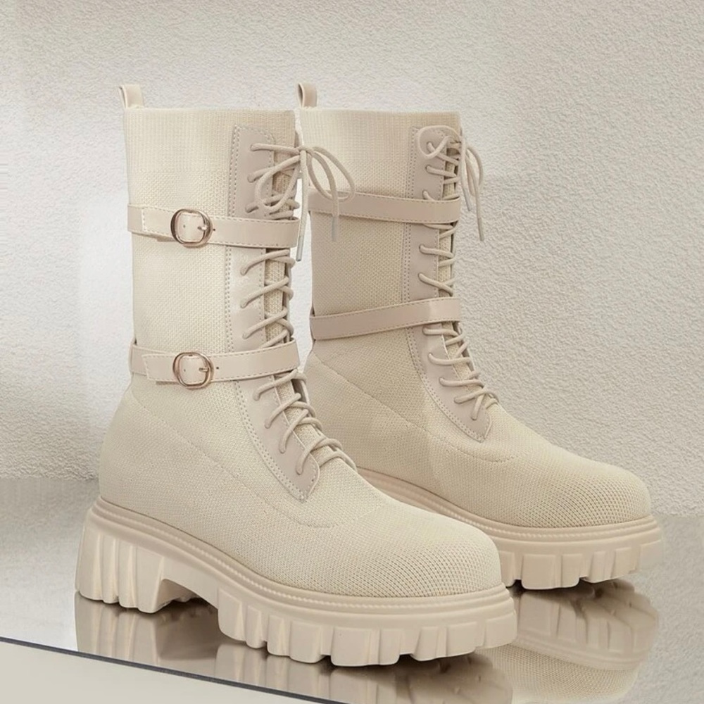 NWT BUCKLE DECOR KNIT COMBAT BOOTS